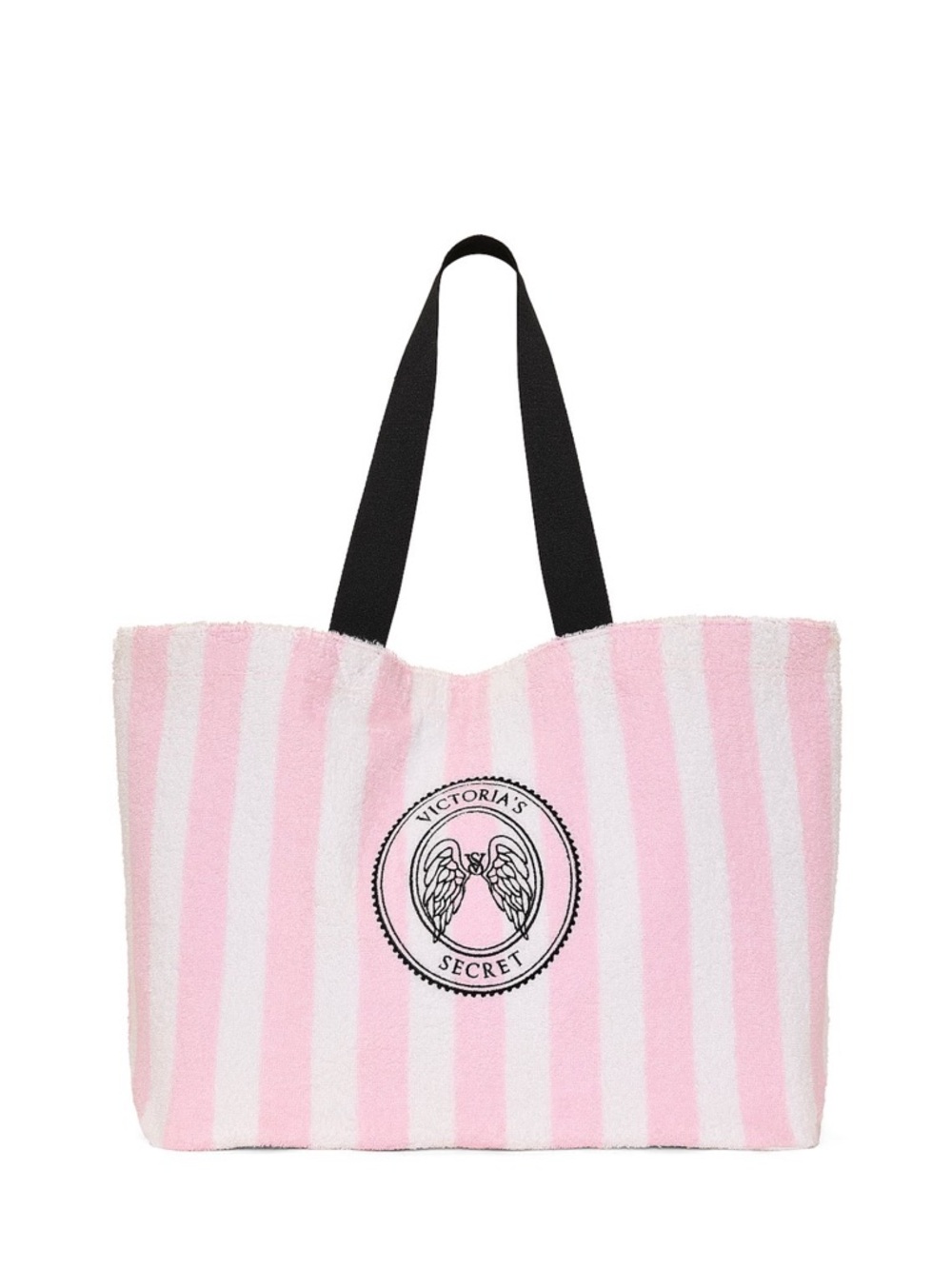 Victoria's Secret Pink & White Striped Terry Tote with Black Handles